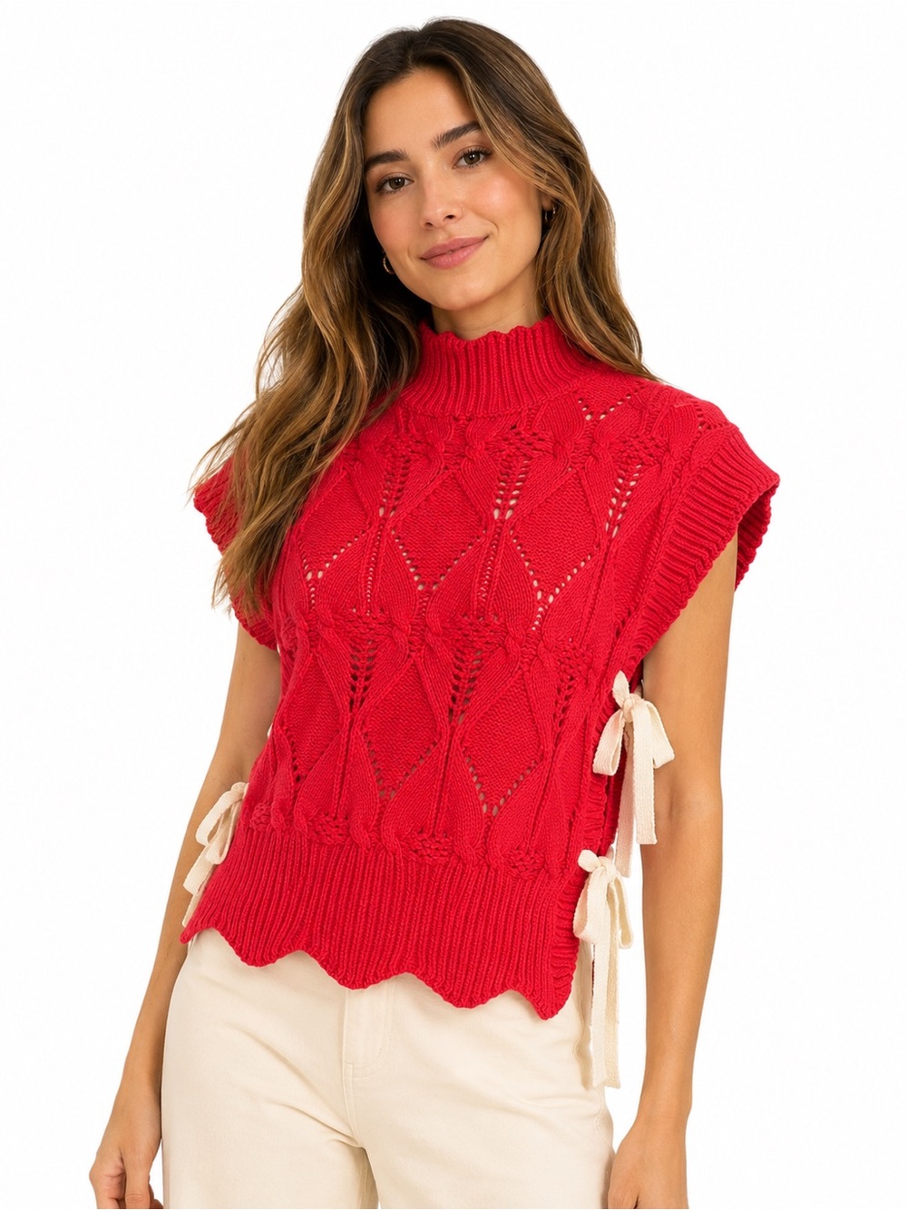 &merci Red Cable Knit Side-Tie
Mock Neck Sweater Vest